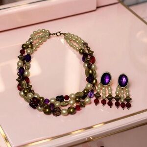 Vintage Triple Faux Pearl & Red Purple Toupe Gemstone Necklace & Earrings